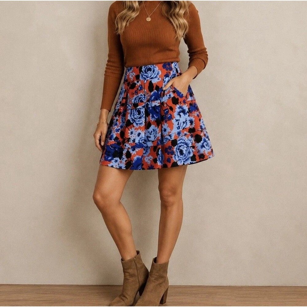 HD in Paris Anthropologie Floral Tiered Skirt Size L Red Blue Pleated Pockets